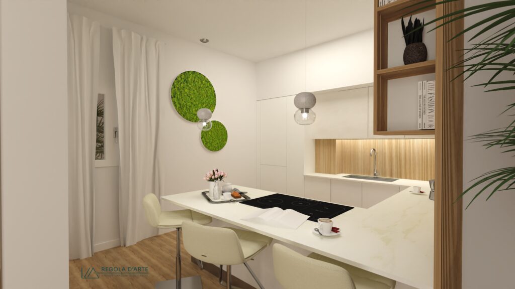Render 3D progetto cucina con penisola