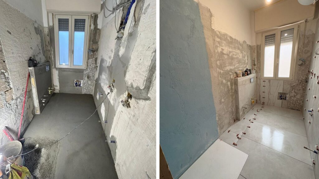 fasi rifacimento bagno Rimini massetto chiusura tracce impermeabilizzazione doccia posa piatto doccia  pavimento e rivestimenti
