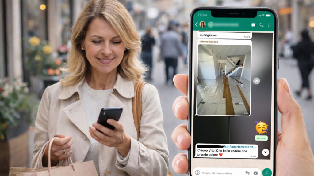 Cliente serena controlla report giornaliero cantiere ristrutturazione Rimini su WhatsApp mentre fa shopping