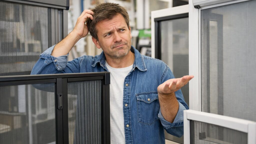 cliente confuso mentre osserva diversi modelli di zanzariere in showroom a Rimini e in Romagna senza sapere quale scegliere